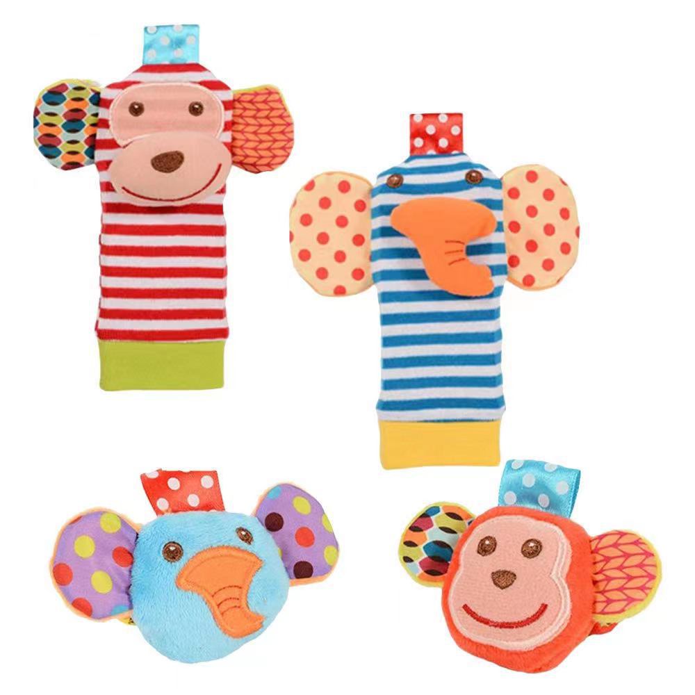 Soft Plush Wrist Rattles and Socks for 0-24 Months - A Set of 4 Cartoon Newborn Developmental Educational Toys