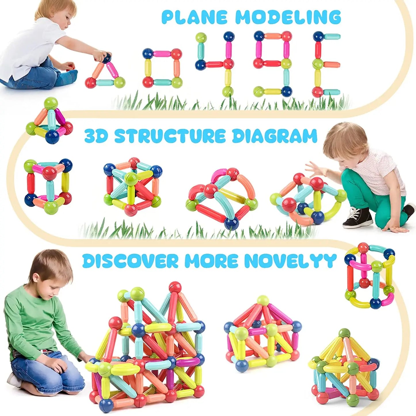 Montessori Magnetic Building Sticks: STEM Educational Toy Set for Toddlers, Kids - Construction, Learning, Stacking Fun!