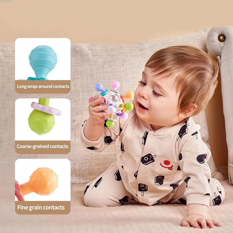 Rotating Rattle Ball: A Multi-Purpose Baby Development Toy with Silicone Teether for Baby Sensory Stimulation and Grasping Activities