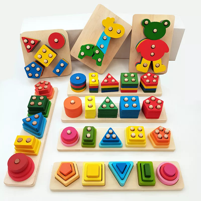 Montessori Wooden Geometric Shapes: Five Sets of Wisdom Columns - Early Education Cognitive Building Blocks Toy