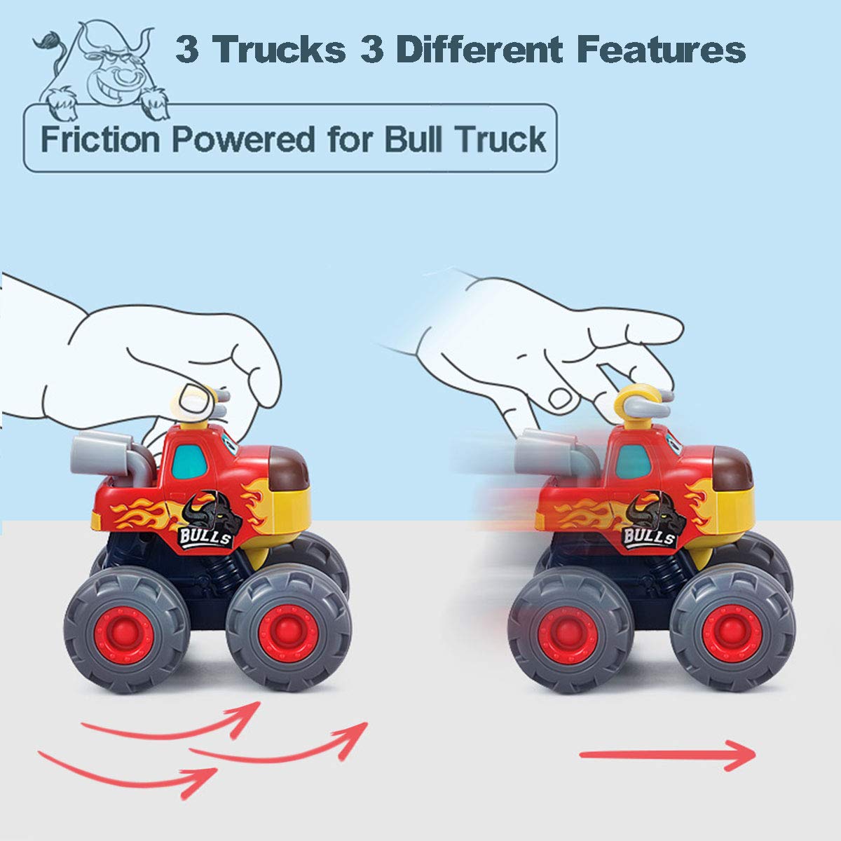 Bundle of 3 Friction-Powered Pull-Back Toddler Trucks for Ages 1-3: Push & Play Monster Truck Fun