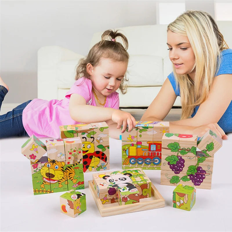 6-in-1 Baby Wooden Cube Blocks: Multi-Sided Jigsaw Puzzles Featuring Animals, Fruits, and Traffic Themes for Early Learning and Montessori Education