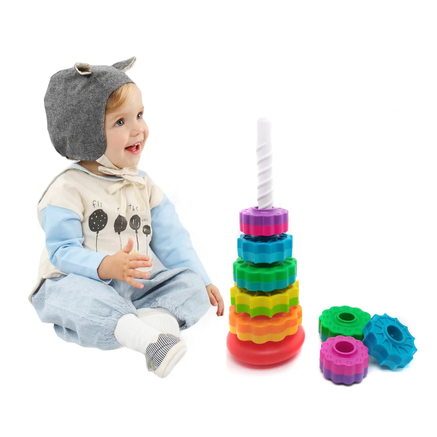 Stacking and Spinning Rainbow Gear Tower: Montessori Educational Toy for Toddlers (1-3 Years) - Enhancing Motor Skills and Sensory Development