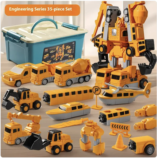 Magnetic Transform Engineering Car Toys with Storage Box – 35 Pcs Transforming Robot & Construction Vehicle Toy Gift for Kids Ages 3-8, Fun Outdoor Toddler Activity Set