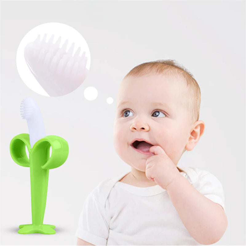 Banana-Shaped Baby Silicone Training Toothbrush and Teething Toy Set for Oral Hygiene For Infants, Toddlers, and Babies