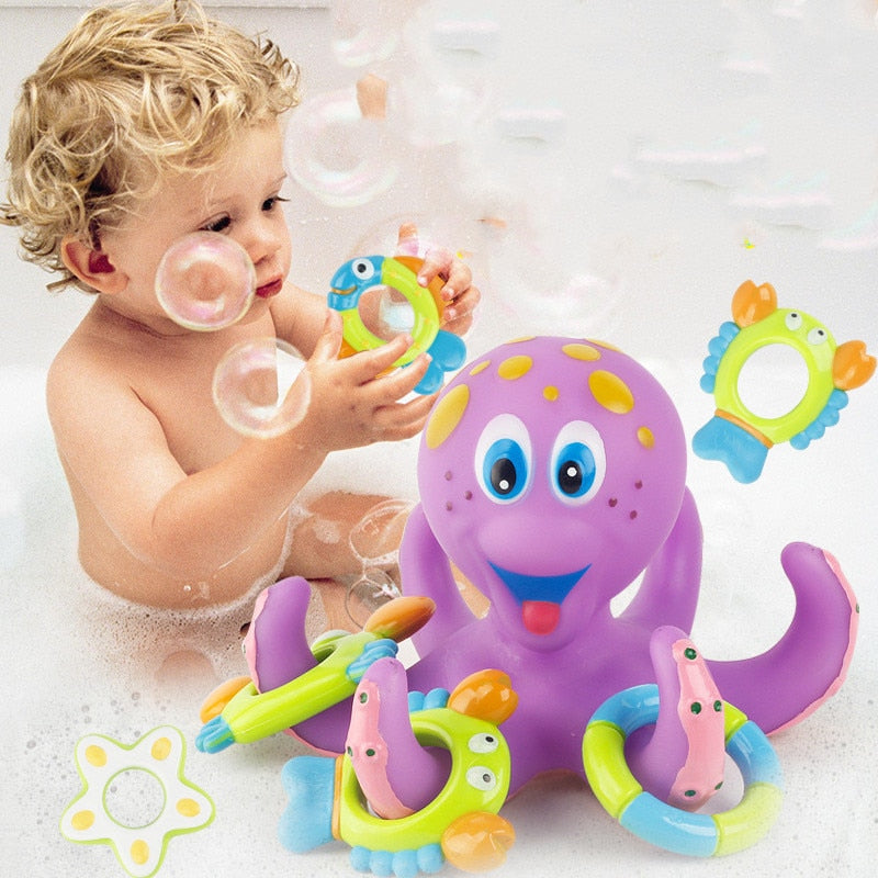 Interactive Baby Bath Toy: Floating Purple Octopus with 5 Hoopla Rings