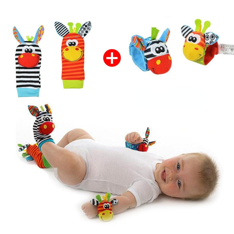 Soft Plush Wrist Rattles and Socks for 0-24 Months - A Set of 4 Cartoon Newborn Developmental Educational Toys